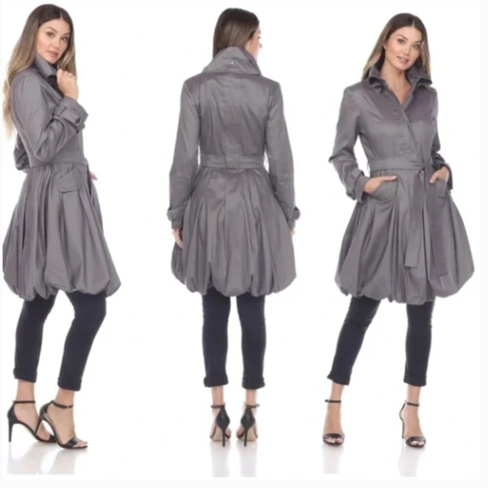 Samuel Dong Silver Gray Belted Water Resistant Bubble Hem Trench Coat size M